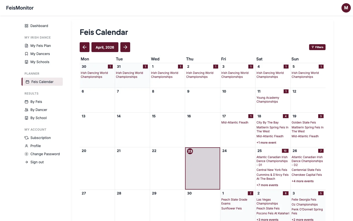 FeisMonitor feis calendar showing upcoming feiseanna across April 2026, including the Irish Dancing World Championships and regional events