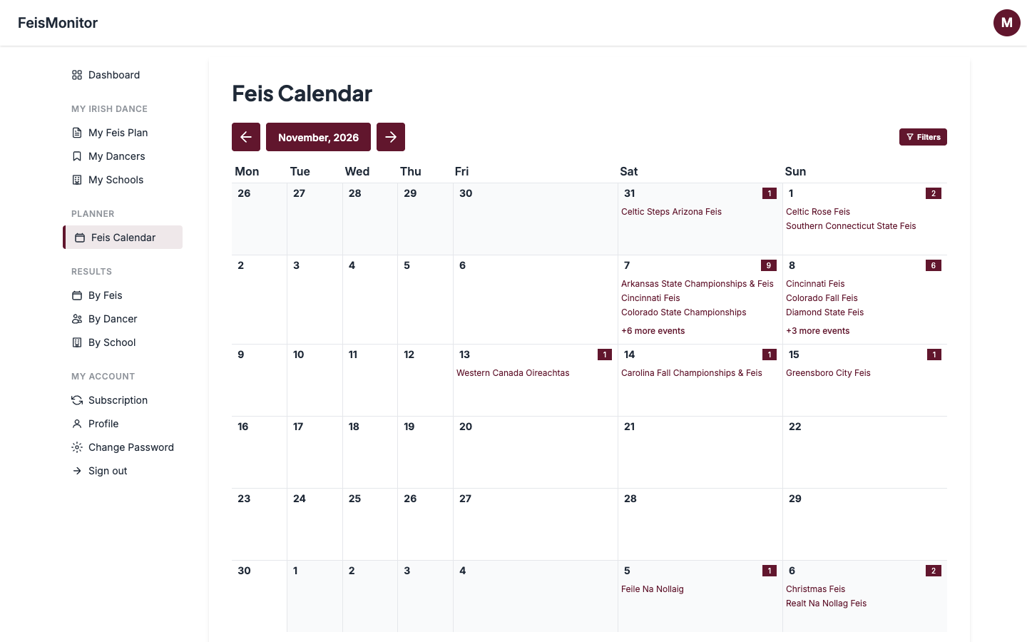 Feis calendar showing upcoming Irish dance competitions by region and date