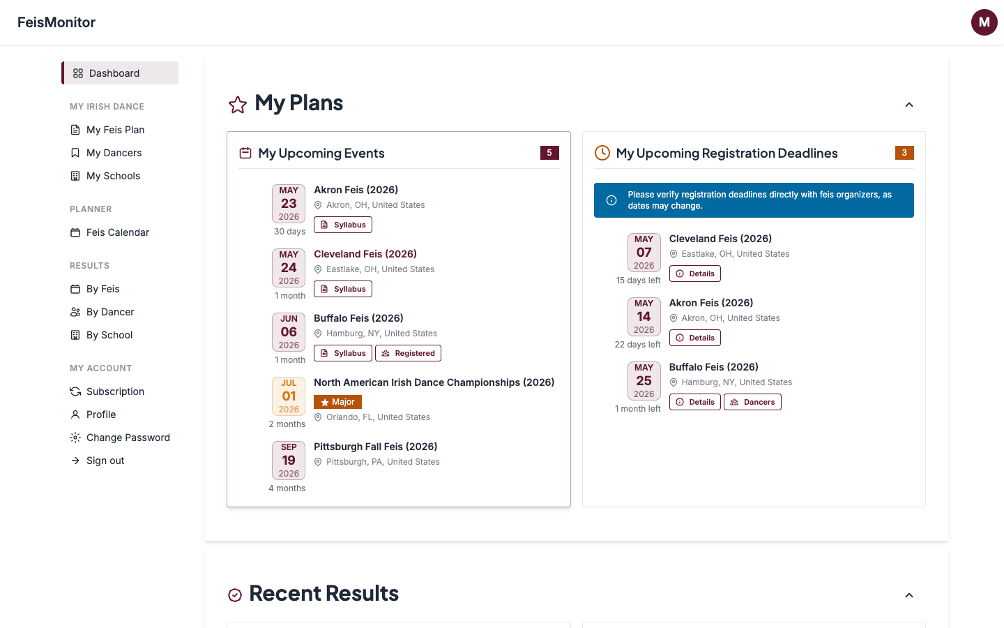 Personal dashboard showing upcoming feis plans and recent results for tracked dancers